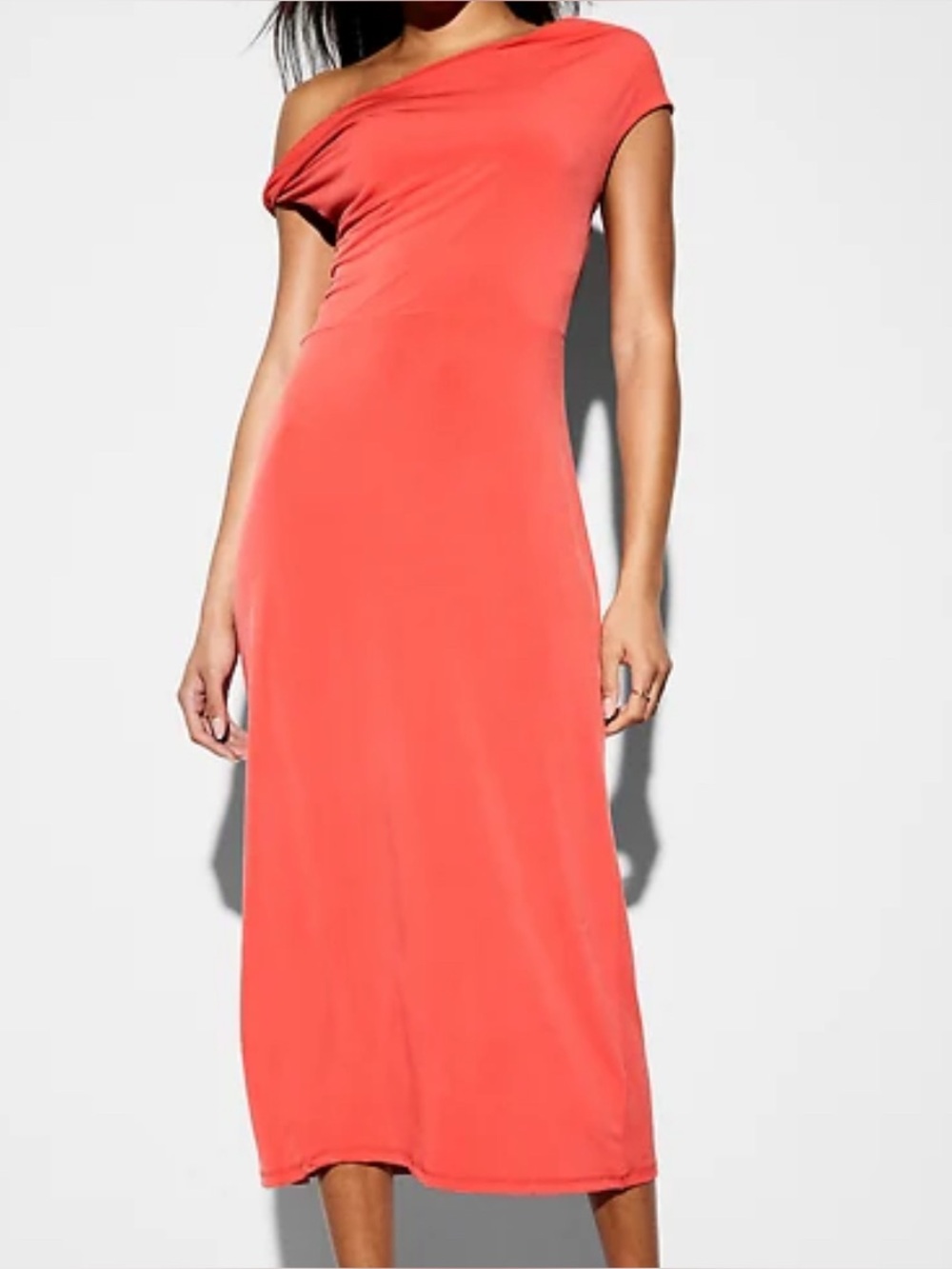 Small One-Shoulder Bright Coral Midi Dress Old Navy The Occasion Wedding Guest